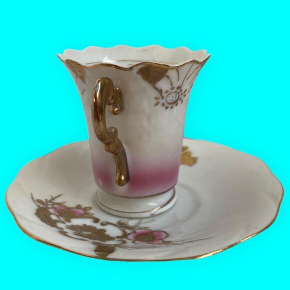 Occupied Japan Demitasse Cup & Japanese Saucer Hand Painted Pink and Gold - Picture 4 of 11